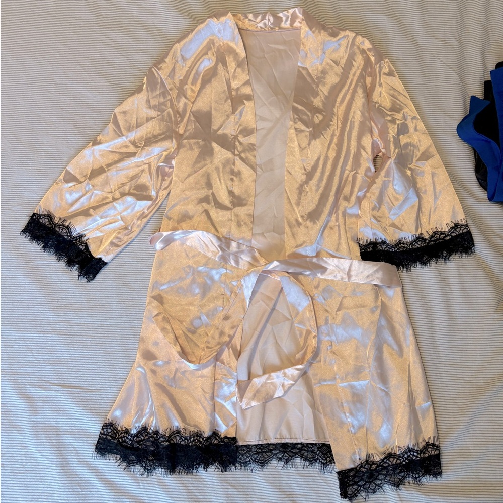 SHEIN Champagne Satin Robe with Black Lace Trim